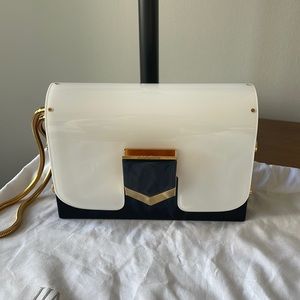 Acrylic Jimmy Choo clutch bag. White and Navy with gold hardware. Good condition